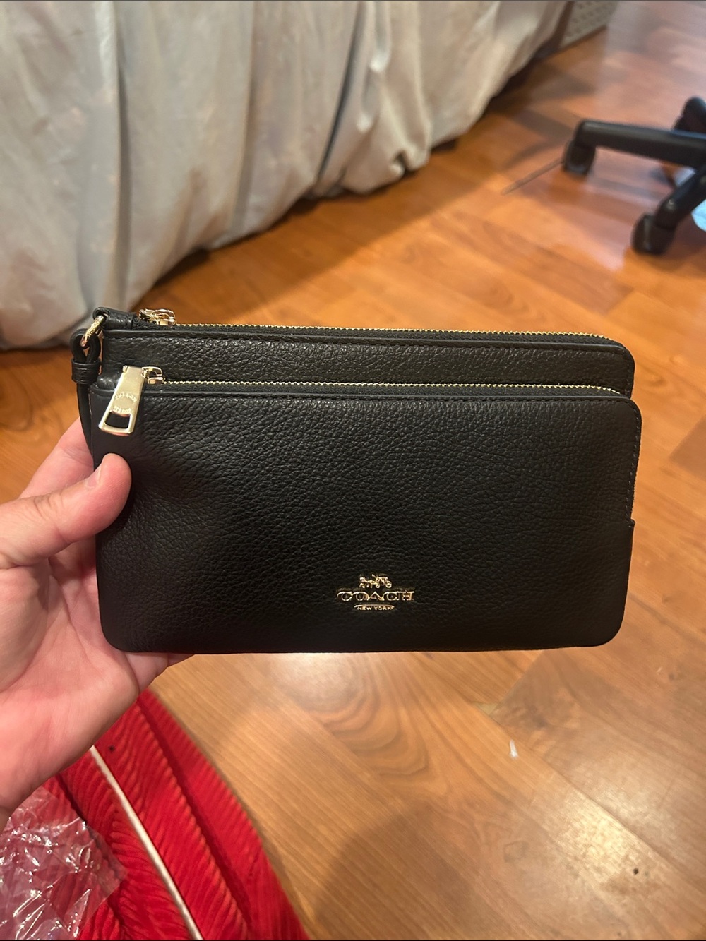 Coach Black Pebbled Leather Double-Zip Wristlet with Gold Hardware